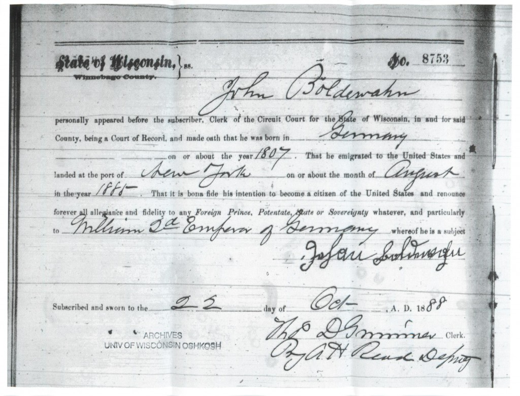 John Boldewahn Naturalization Declaration 1888